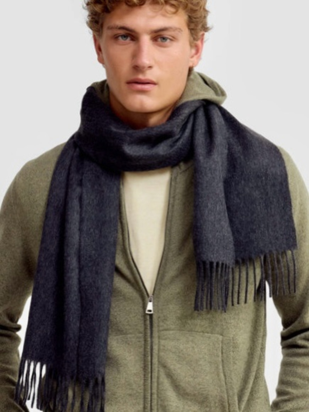 Men's Oversized Pure Cashmere Fringed Scarf Made in Scotland in Charcoal Gray